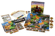 Small World spelonderdelen uitgestald met doos op de achtergrond