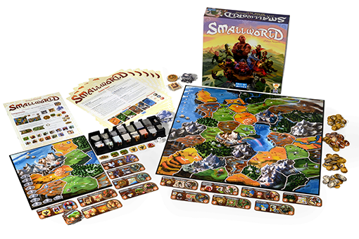 Small World spelonderdelen uitgestald met doos op de achtergrond