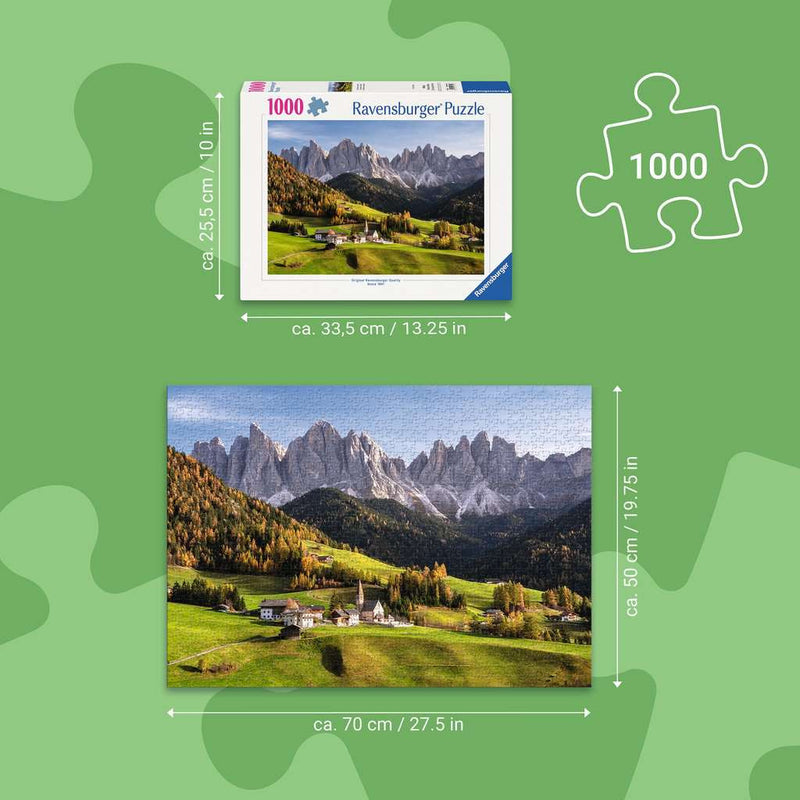 De Dolomieten in de herfst  - Puzzel 1000 stukjes - Ravensburger 12001749, afmetingen van de doos en de puzzel
