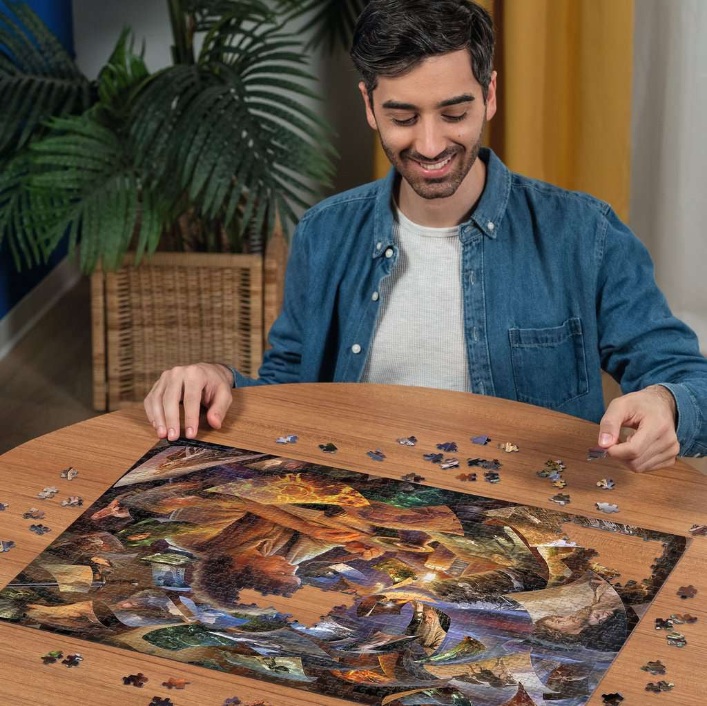 Frodo's Journey - Puzzel 1000 stukjes - Ravensburger 12001810, aan het puzzelen op tafel