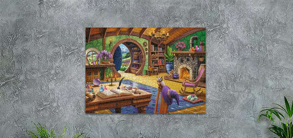 Charmed Cottage - Puzzel 1000 stukjes - Ravensburger 12001849, afgewerkte puzzel aan de wand