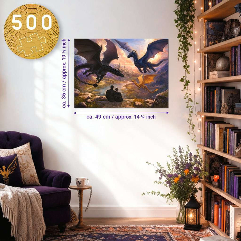 Fourth Wing - Romantasy Collectie puzzel 500 stukjes - Ravensburger, de afgewerkte puzzel aan een muur