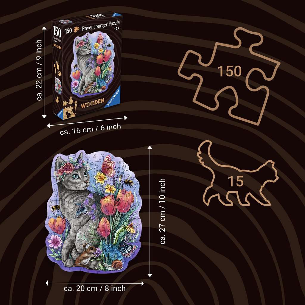 Ravensburger Wooden Lovely Cat puzzel infographic – doos, afmetingen en 150 stukjes