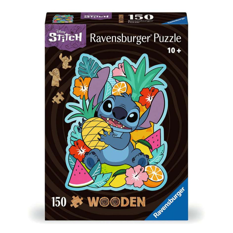 Ravensburger Wooden Disney Stitch puzzel doos front view met tropische illustratie