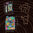 Diagonal front view van Wooden Disney Stitch puzzeldoos over volledig legpuzzel met afmetingen