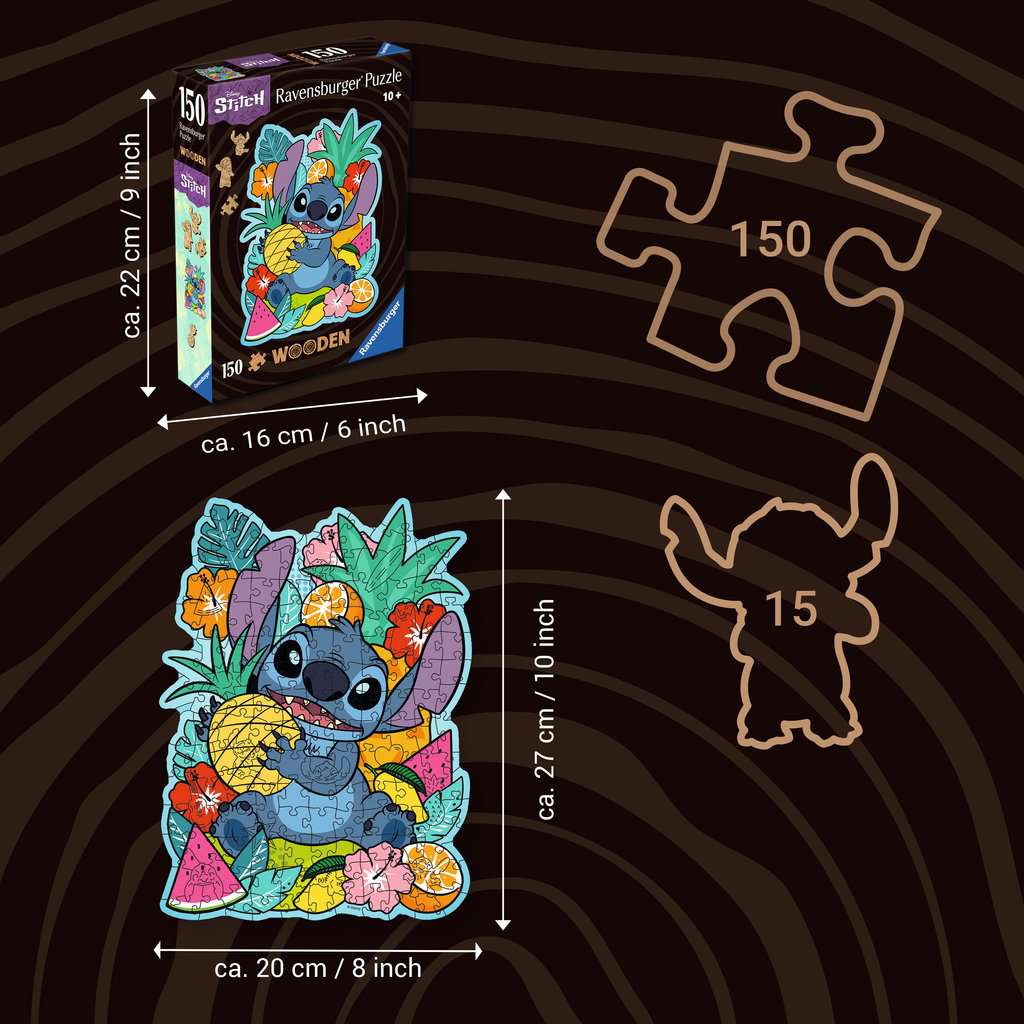 Diagonal front view van Wooden Disney Stitch puzzeldoos over volledig legpuzzel met afmetingen