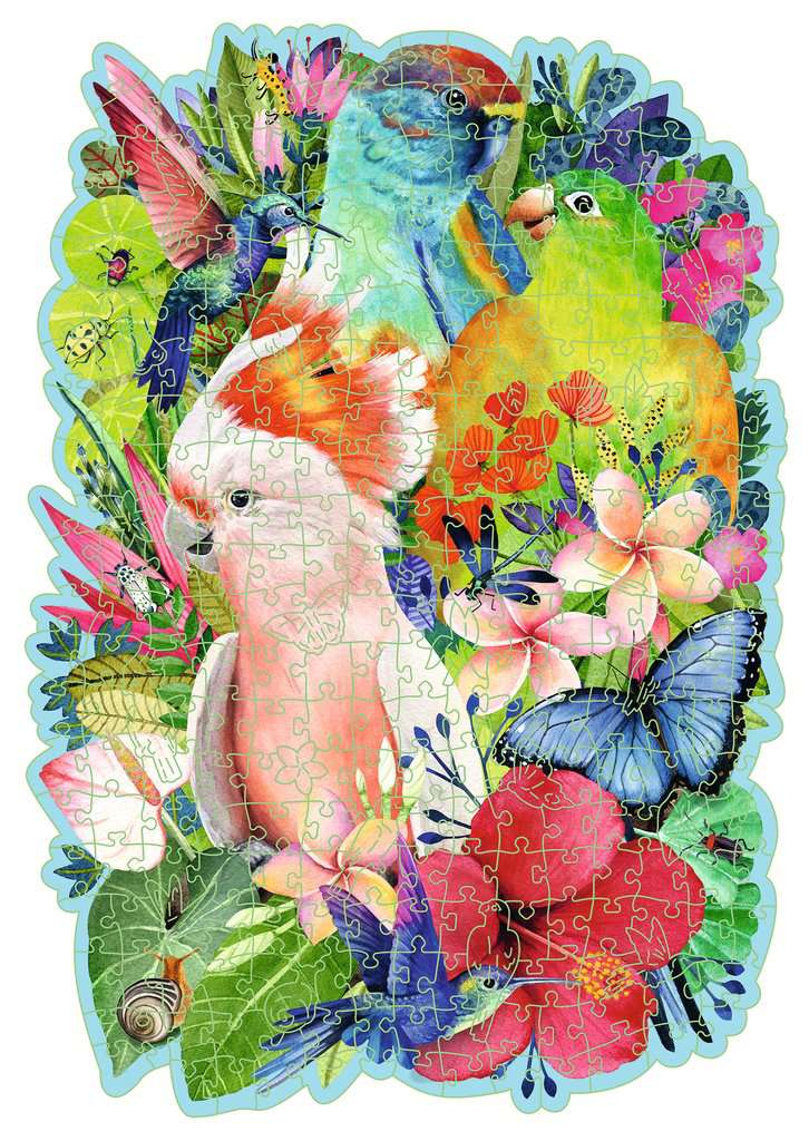 Volledig opgebouwde Ravensburger Wooden Beautiful Birds puzzel met levendige vogelillustraties