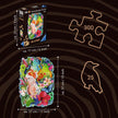 Diagonal front view van Wooden Beautiful Birds puzzeldoos op volledig legpuzzel met afmetingen