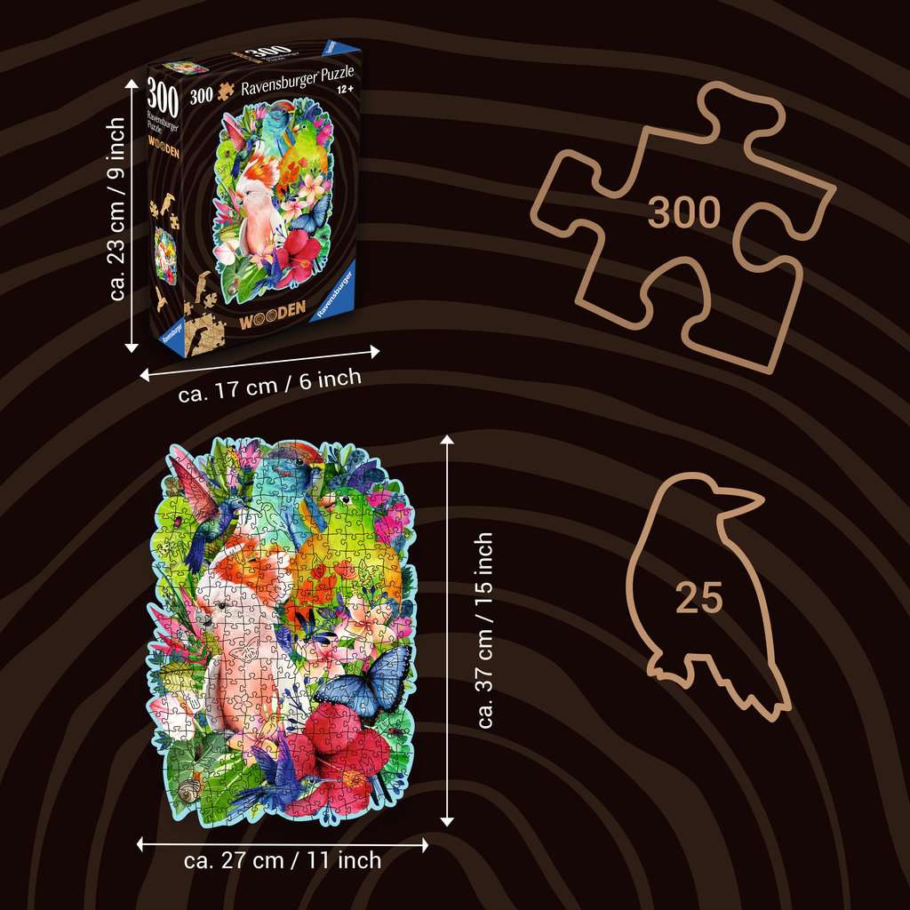 Diagonal front view van Wooden Beautiful Birds puzzeldoos op volledig legpuzzel met afmetingen