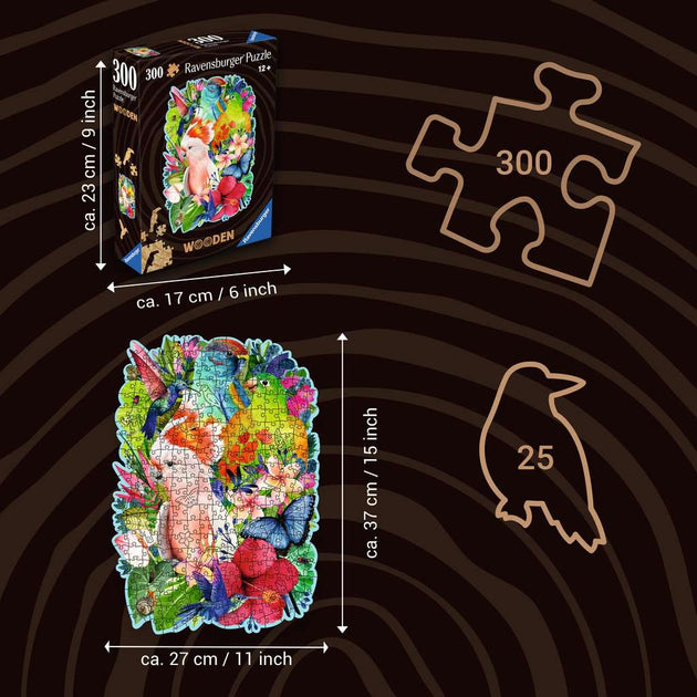 Diagonal front view van Wooden Beautiful Birds puzzeldoos op volledig legpuzzel met afmetingen