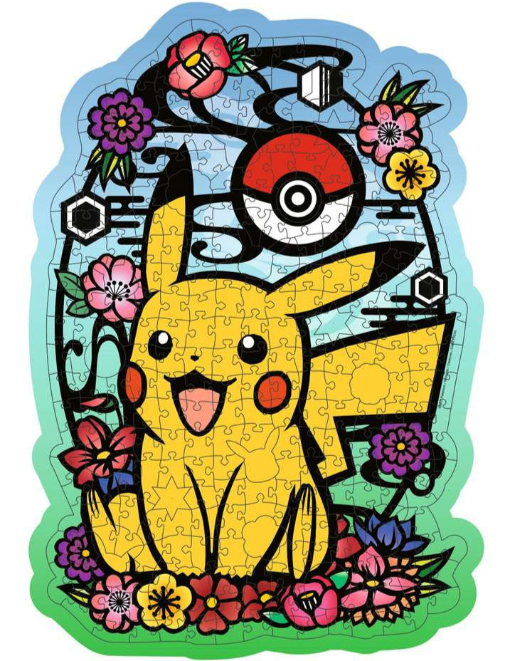 Voltooide Wooden Pokémon Pikachu puzzel – kleurrijke illustratie met Pikachu en houten WHIMSIES