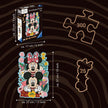 Diagonal front view van Wooden Disney Mickey & Minnie Mouse puzzeldoos op volledig legpuzzel met afmetingen