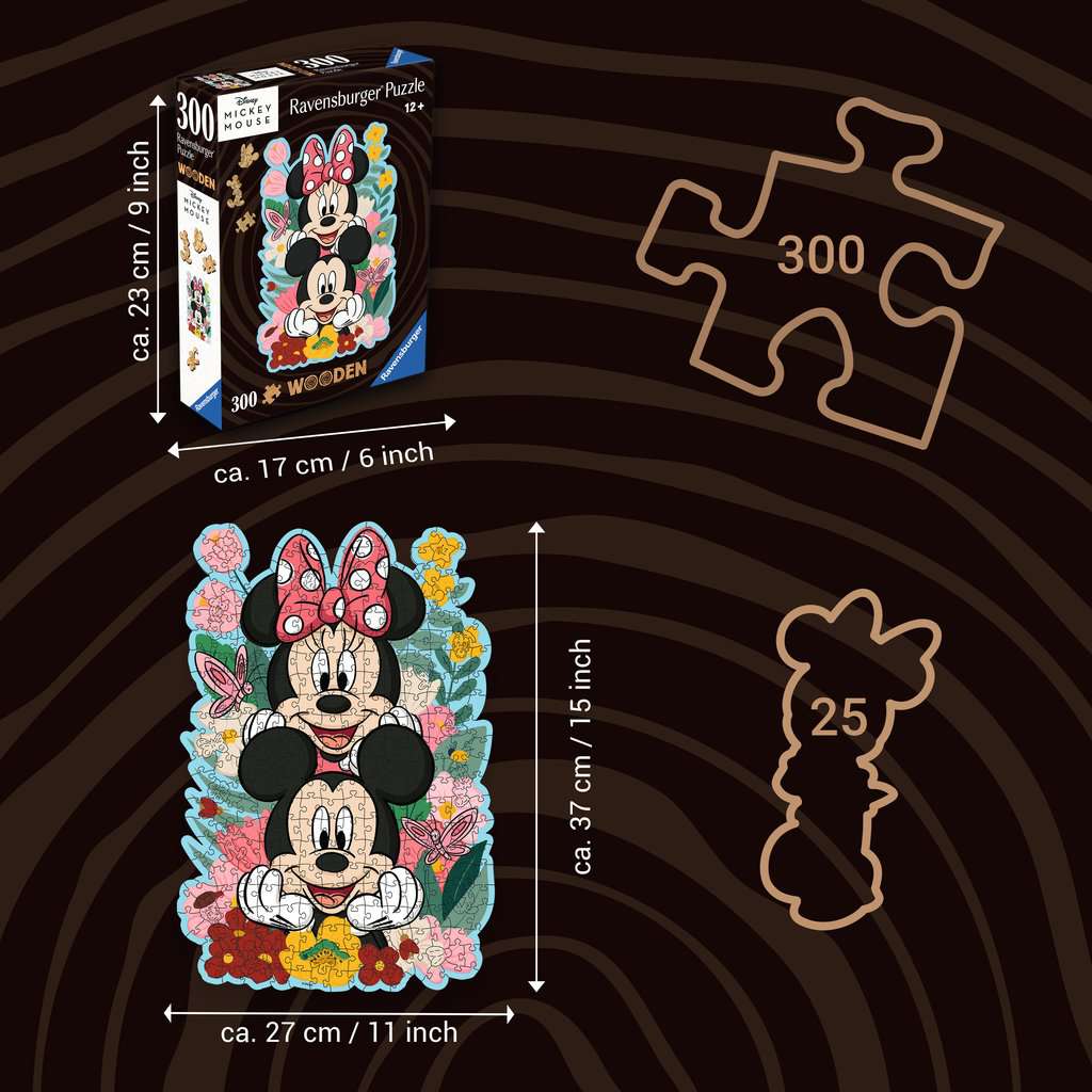 Diagonal front view van Wooden Disney Mickey & Minnie Mouse puzzeldoos op volledig legpuzzel met afmetingen