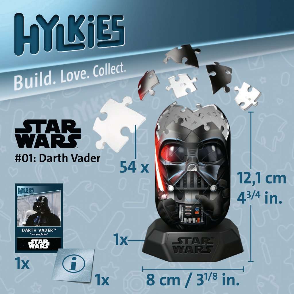 Darth Vader Hylkies 3D puzzel in opbouw met genummerde onderdelen en afmetingen