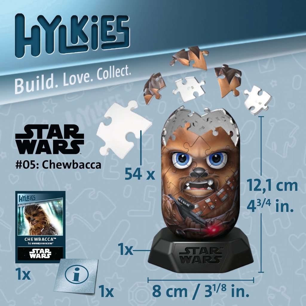 Chewbacca Hylkies 3D puzzel in opbouw met genummerde onderdelen en maatvoering