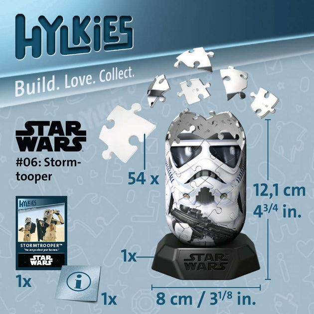 Stormtrooper Hylkies 3D puzzel in opbouw met genummerde onderdelen en afmetingen