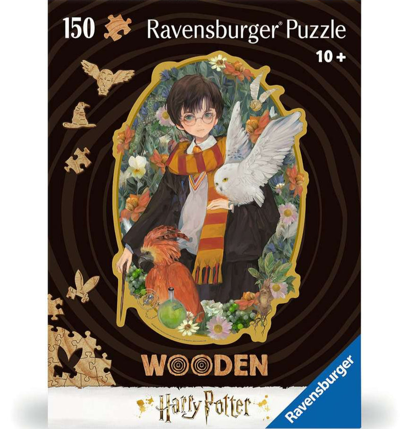 Ravensburger Wooden Harry Potter puzzel doos front view met tovenaarswereld illustratie