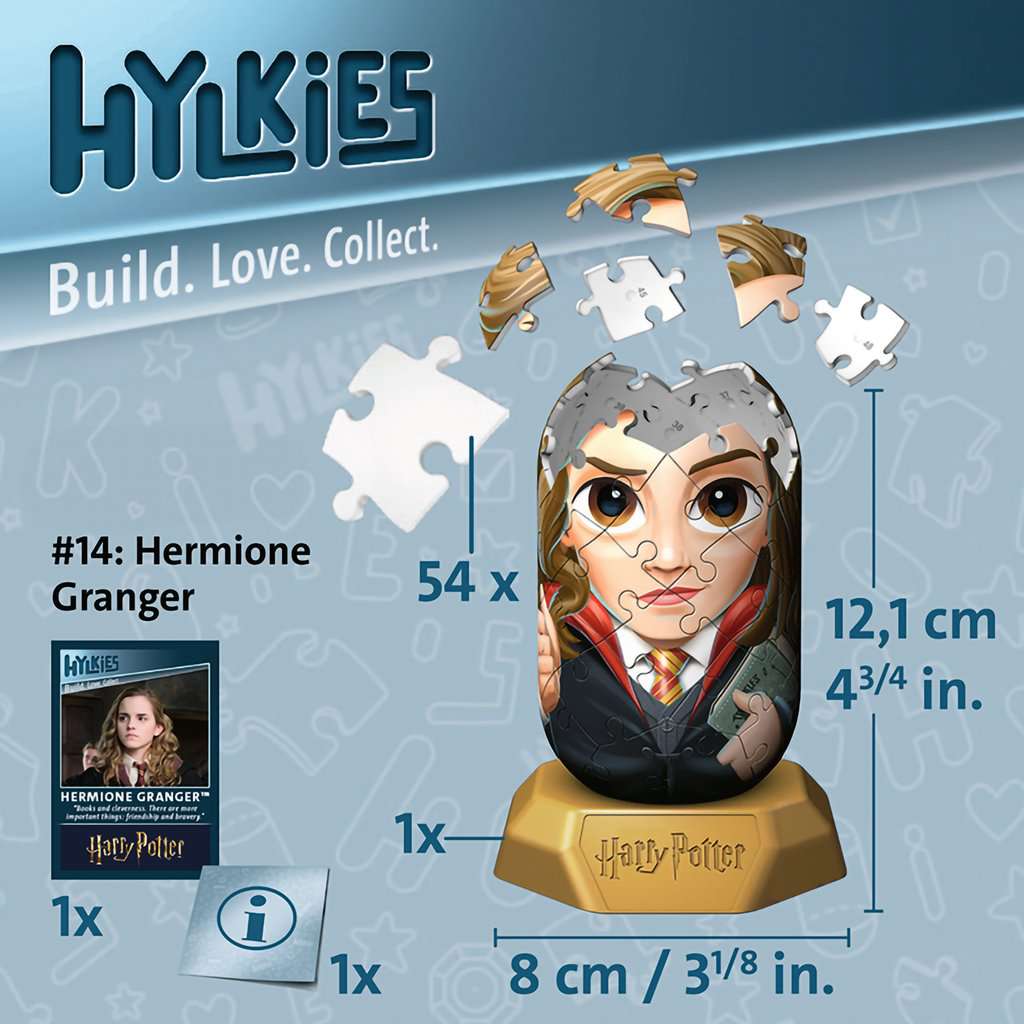 Hermione Granger Hylkies 3D puzzel in opbouw met genummerde onderdelen en afmetingen
