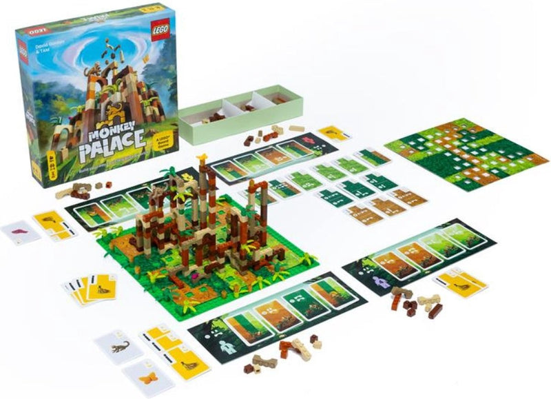 Alle spelonderdelen van LEGO® Monkey Palace met gesloten doos op de achtergrond