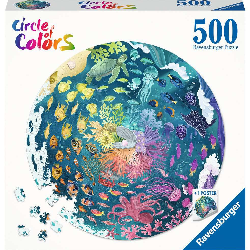Ravensburger Circle of Colors Ocean & Submarine puzzel doos – vooraanzicht, ronde 500 stukjes puzzel