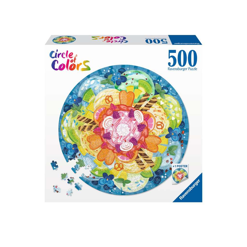 Ravensburger Circle of Colors Ice Cream puzzel doos – diagonaal vooraanzicht, ronde 500 stukjes puzzel