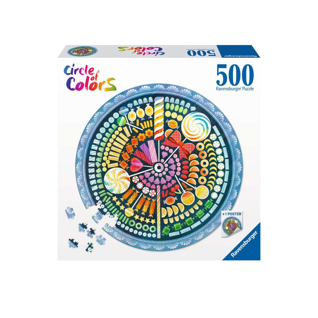 Ravensburger Circle of Colors Candies puzzel doos – diagonaal vooraanzicht, ronde 500 stukjes puzzel