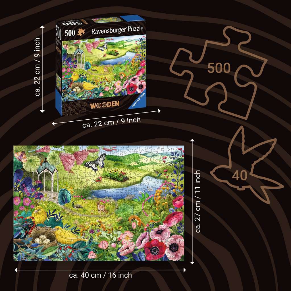 Ravensburger Wooden Wilde Tuin puzzel met doos en afmetingen in beeld