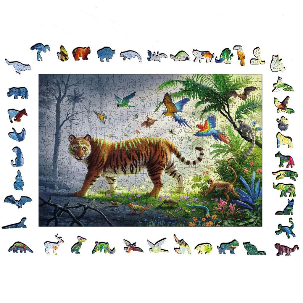 Voltooide houten puzzel met tijger en tropische jungleplanten