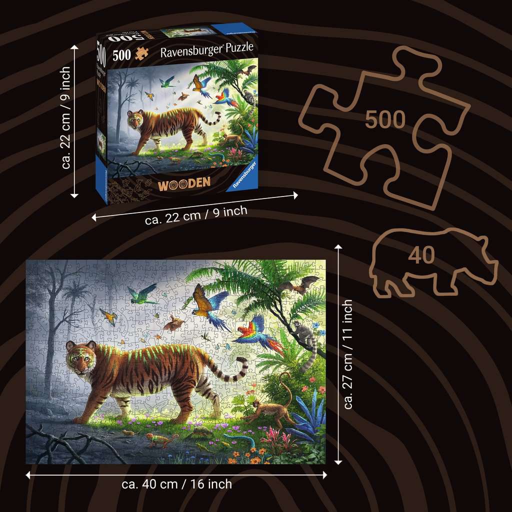 Ravensburger Wooden tijger puzzel met doos en afmetingen weergegeven