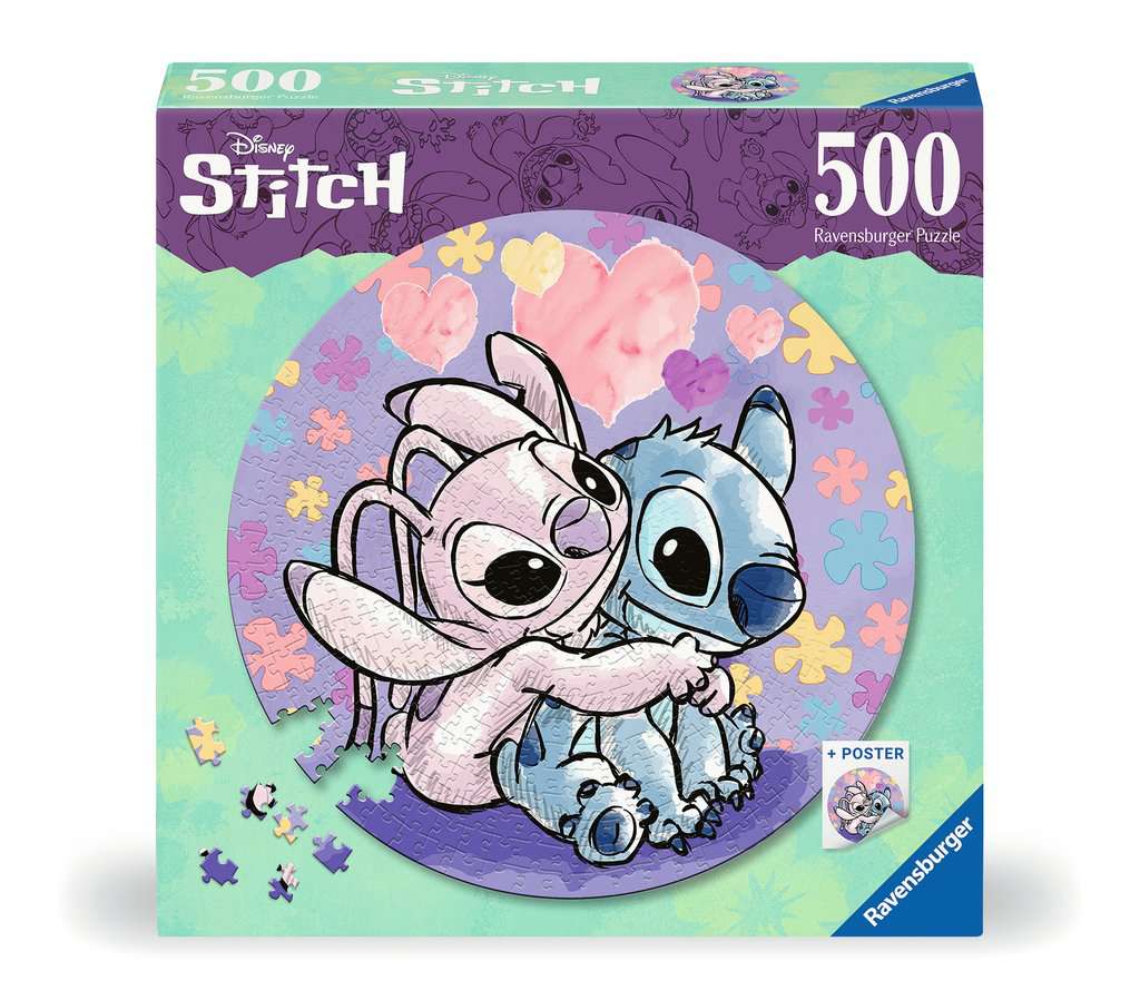Ravensburger Disney Stitch puzzel doos – 500 stukjes, kleurrijk rond ontwerp met Stitch en Angel