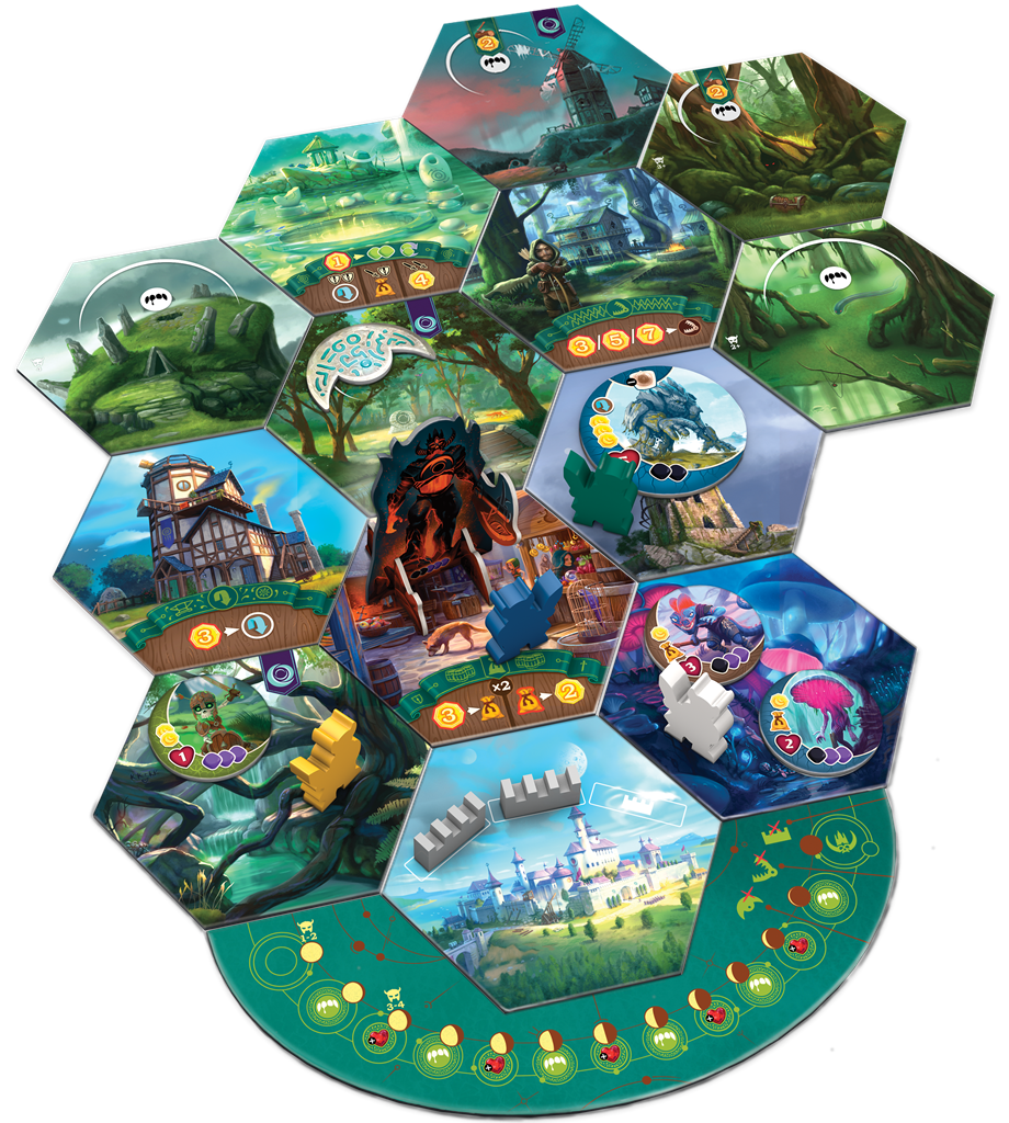 Hexagonale bordstukken van het spel die samen een speelveld vormen