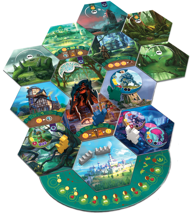 Hexagonale bordstukken van het spel die samen een speelveld vormen