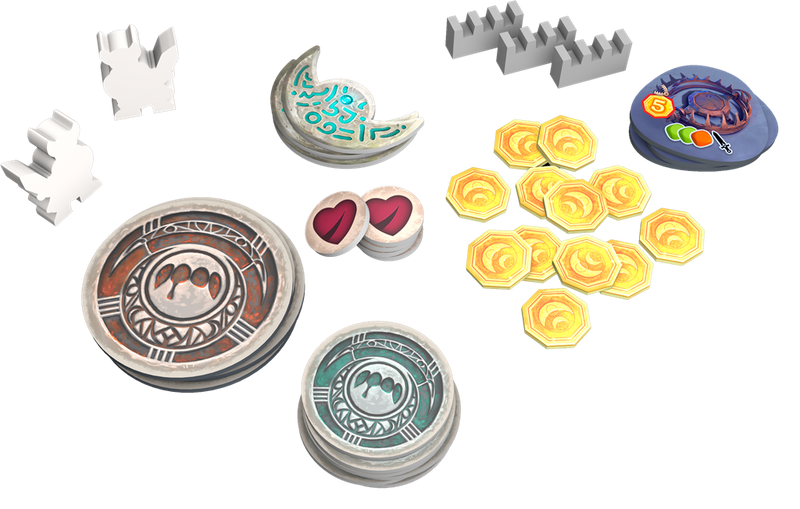 Close-up van spelmunten en fiches uit Chronicles of Avel