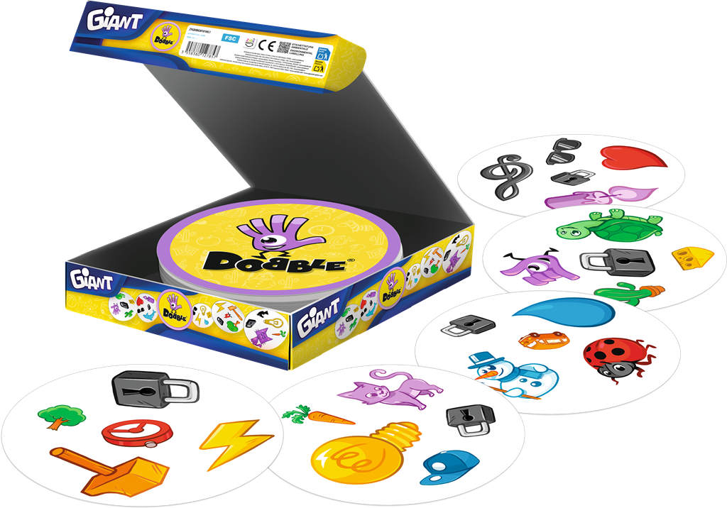Dobble Giant - buitenspel van Zygomatic, open doos met kaarten