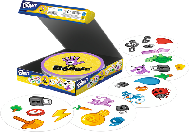 Dobble Giant - buitenspel van Zygomatic, open doos met kaarten