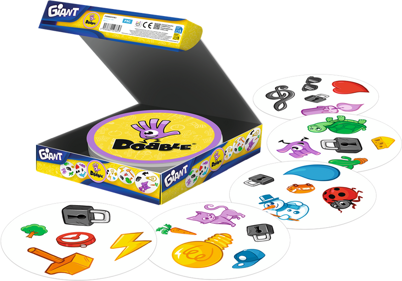 Dobble Giant - buitenspel van Zygomatic, open doos met kaarten