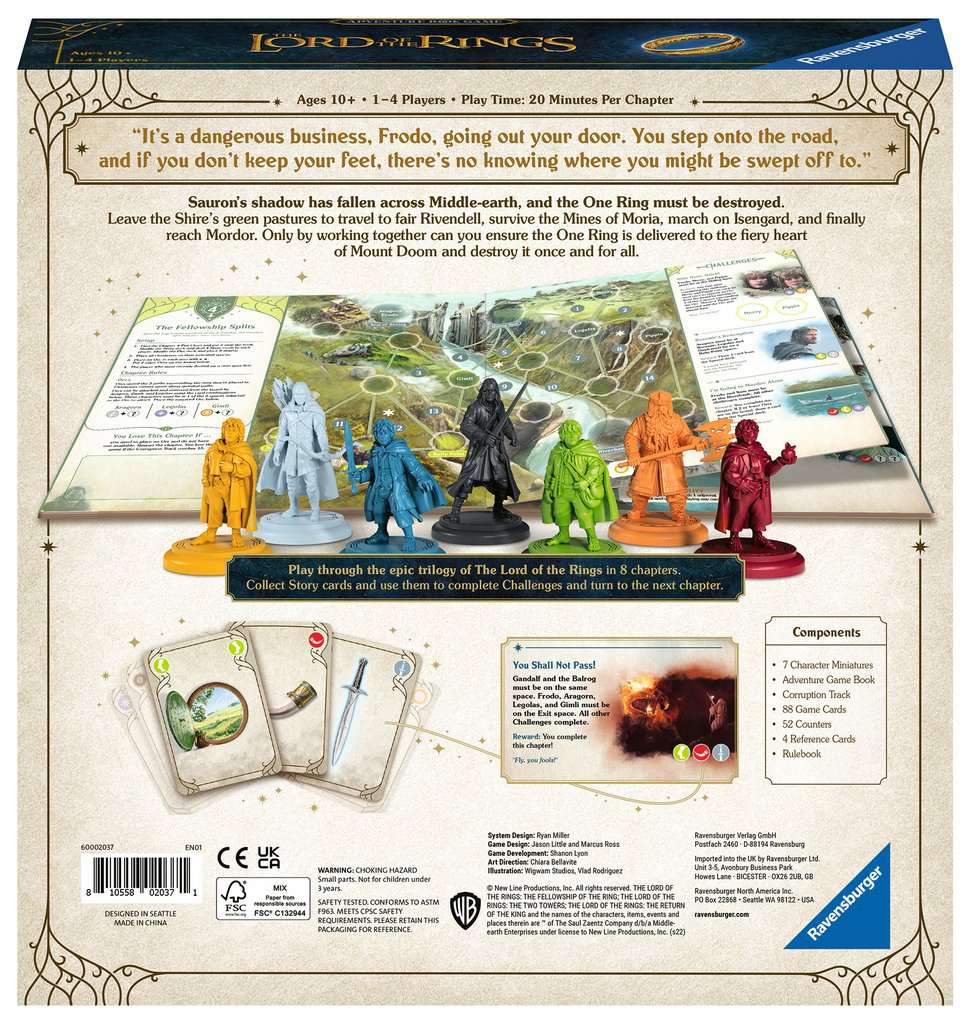 Achterkant van de gesloten doos met speluitleg en inhoud van Lord of the Rings Adventure Book Game