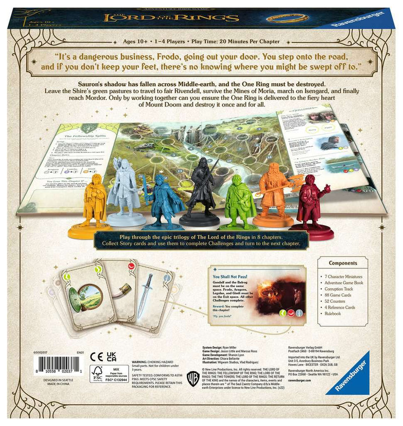 Achterkant van de gesloten doos met speluitleg en inhoud van Lord of the Rings Adventure Book Game