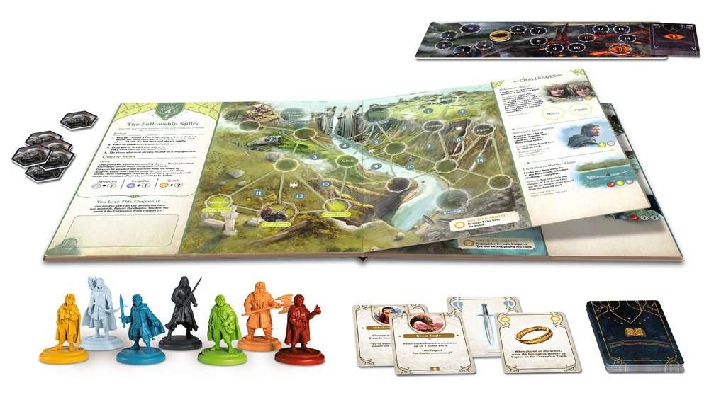 Spelonderdelen en open spelboek van Lord of the Rings Adventure Book Game