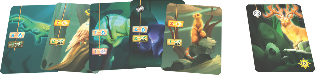 Close-up van zes unieke kaarten uit Living Forest Duel