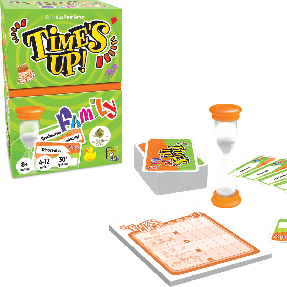 Spelonderdelen van Time’s Up! Family uitgespreid met de doos