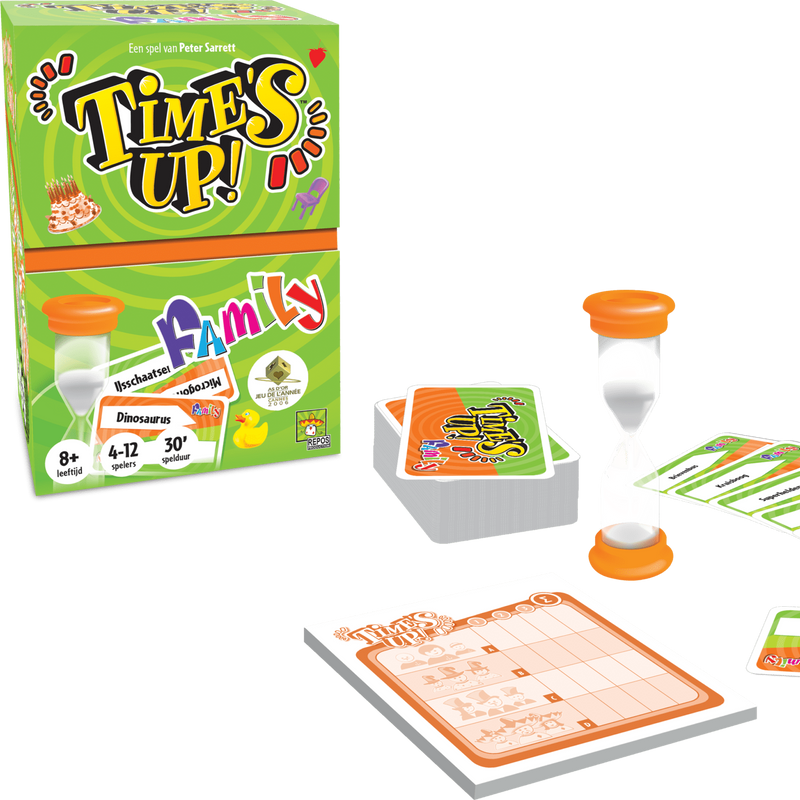 Spelonderdelen van Time’s Up! Family uitgespreid met de doos