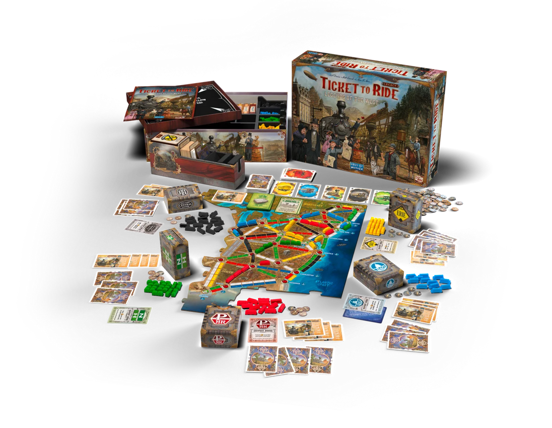 Overzicht van doos en spelonderdelen van Ticket to Ride Legacy