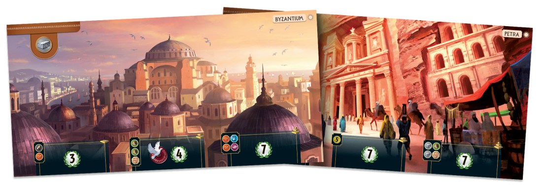 Spelersborden met onderdelen van de 7 Wonders Cities V2 uitbreiding