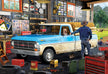 Illustratie van cowboy naast pick-uptruck met hond – boerenschuur op achtergrond