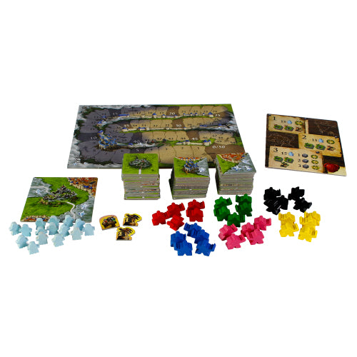 Carcassonne De Mist speelmateriaal uitgestald