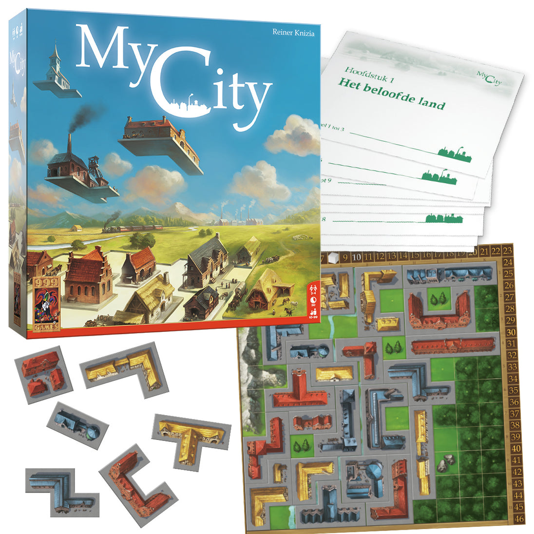 Spelmateriaal van My City met gesloten doos op de achtergrond