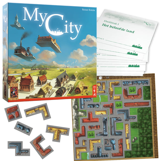 Spelmateriaal van My City met gesloten doos op de achtergrond