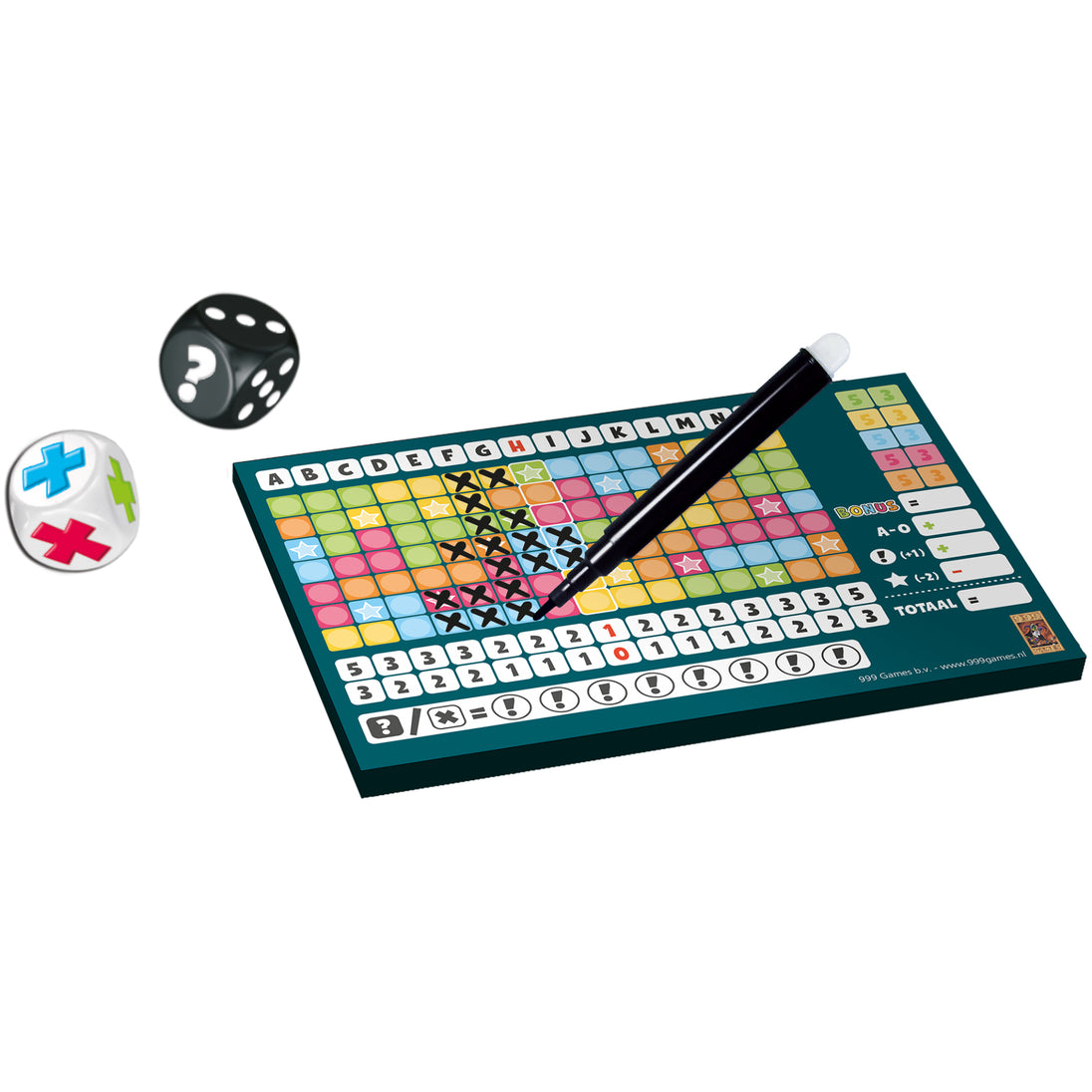 Dobbelstenen en scorebord met pen