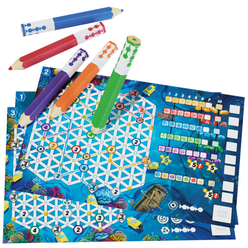 Kleurrijke potloden en twee scorevellen van Pick A Pen: Riffen